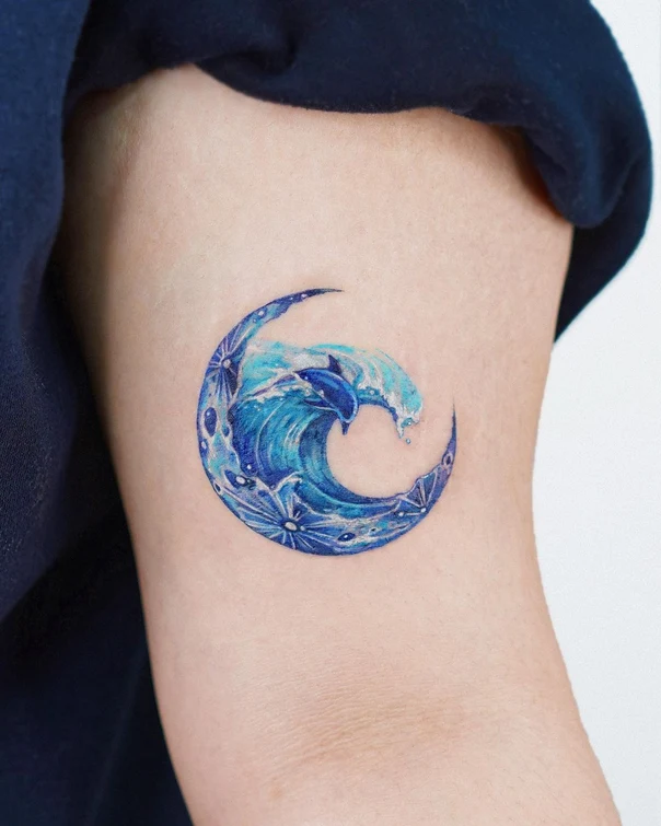 Watercolor Wave, Dolphin tattoo on Upper Arm
