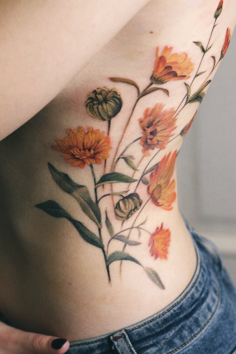 Calendula Asian Flower Vintage Floral Attractive Temporary Tattoo Sticker -  OhMyTat