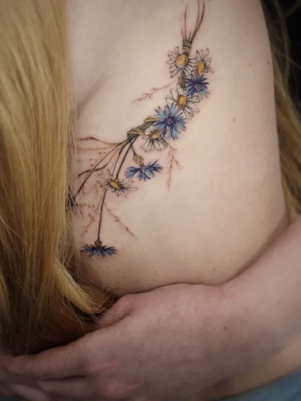 female color botanic tattoo on shoulder #53604 | Tattoo Artist Елена Федченко
