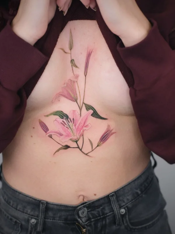 female color botanic tattoo on sternum #53601 | Tattoo Artist Елена Федченко