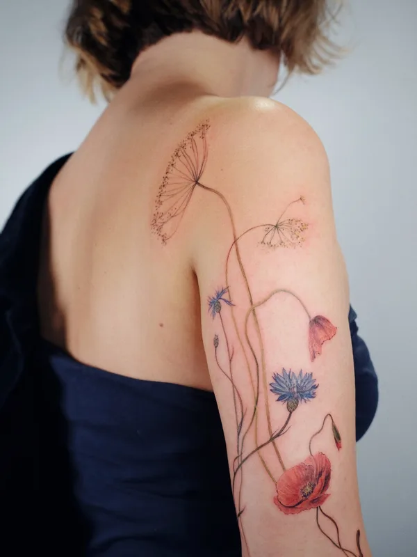 female color botanic tattoo on upper arm #53599 | Tattoo Artist Елена Федченко