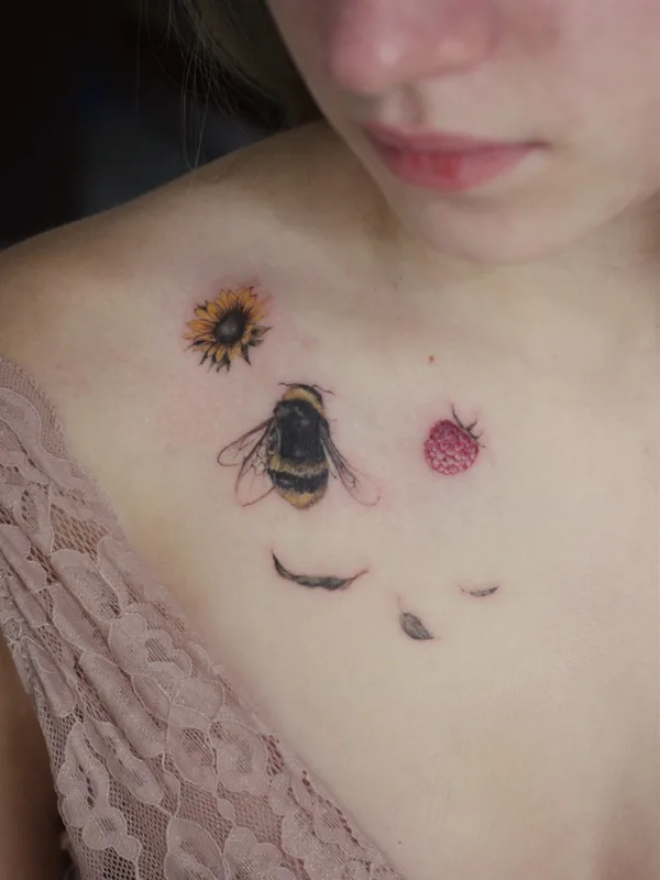 female color illustrative tattoo on collarbone #53600 | Tattoo Artist Елена Федченко
