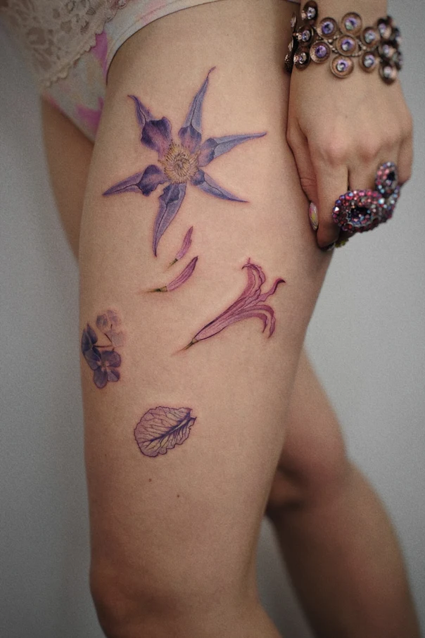 Botanic Flower, Leaf tattoo on Thigh