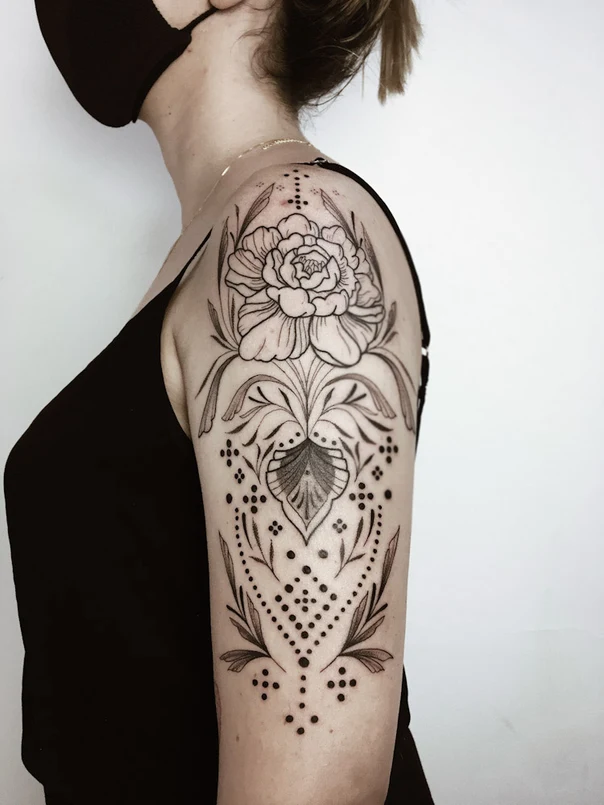 Linework Flower, Floral tattoo on Shoulder