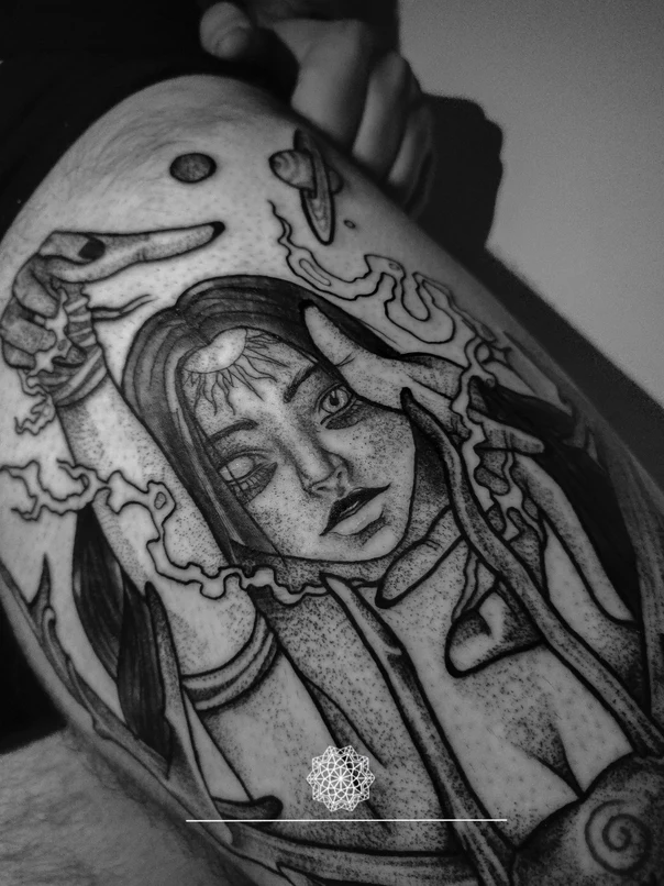 Blackwork Portrait, Surreal tattoo on Thigh