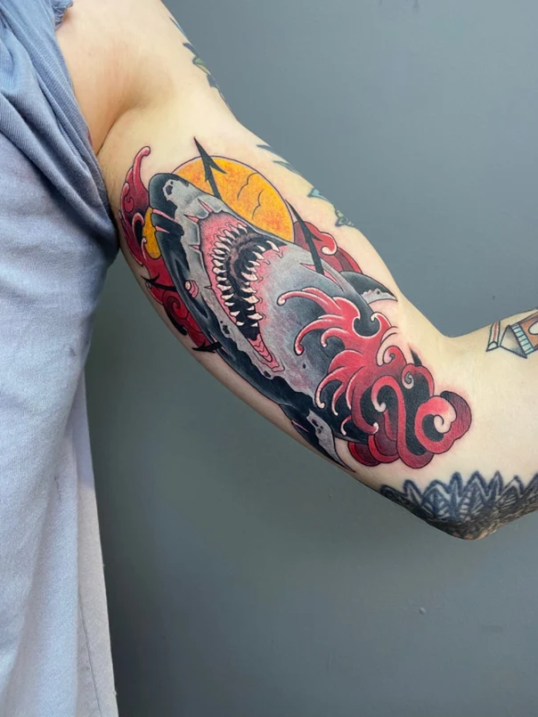 Neo Traditional Shark, Waves tattoo on Forearm