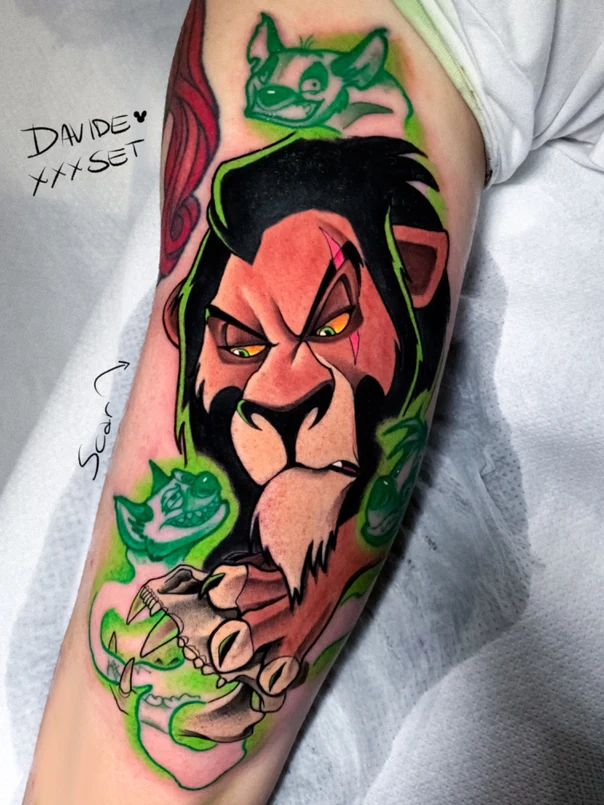 Cartoon Lion, Hyena tattoo on Forearm