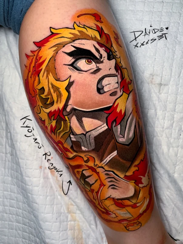 Anime Character, Fire tattoo on Calf