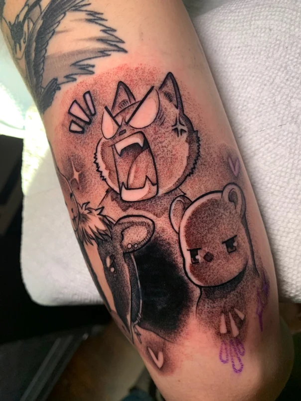 Anime Cat, Bear tattoo on Forearm