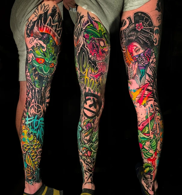 Japanese Geisha, Koi tattoo on Full leg