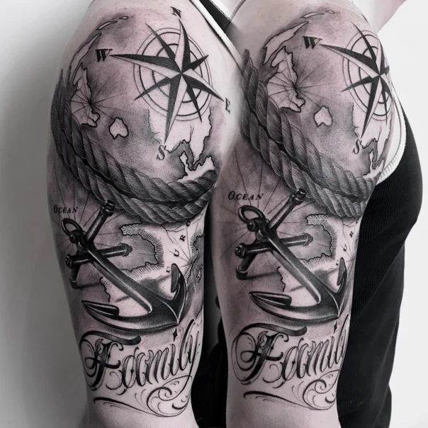 Чёрно-серая Compass, Anchor tattoo на Полный рукав