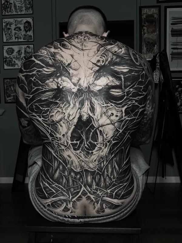 male black blackwork tattoo on full back #65854 | Tattoo Artist Rene Hilken