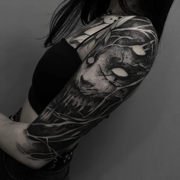 Blackwork Face, Abstract tattoo on Full Sleeve