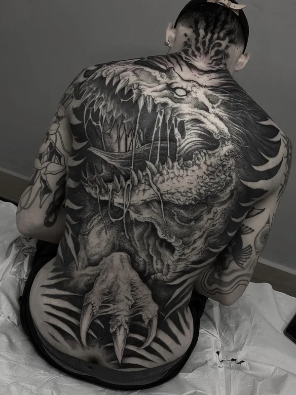 black and grey blackwork tattoo on full back #65862 | Tattoo Artist Rene Hilken