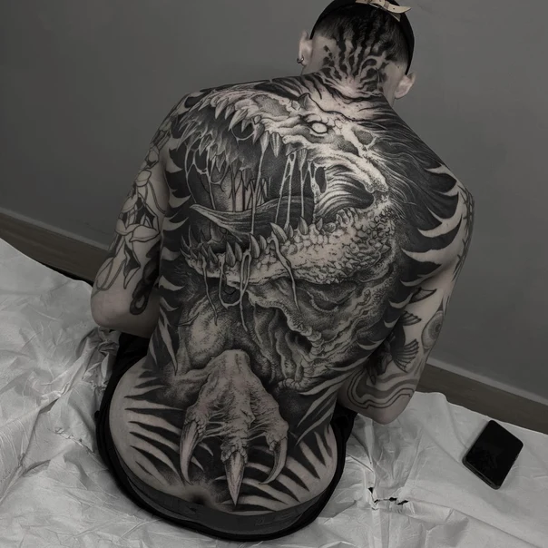 Blackwork Dragon, Monster tattoo on Full Back
