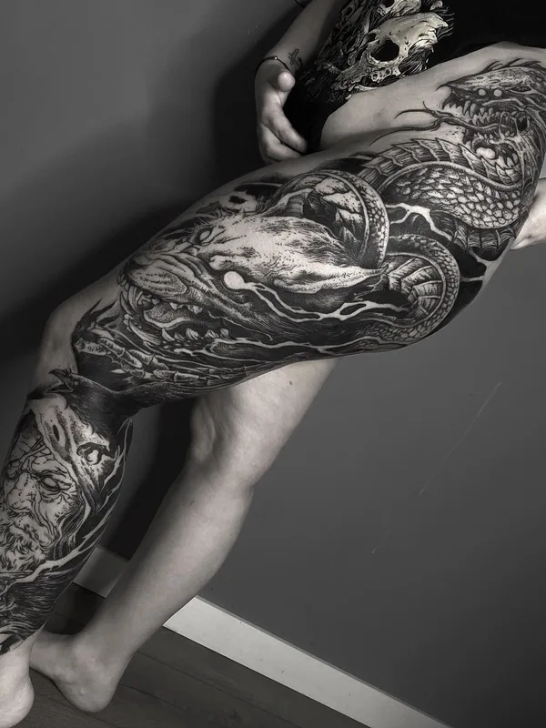 black and grey blackwork tattoo on full leg #65853 | Tattoo Artist Rene Hilken