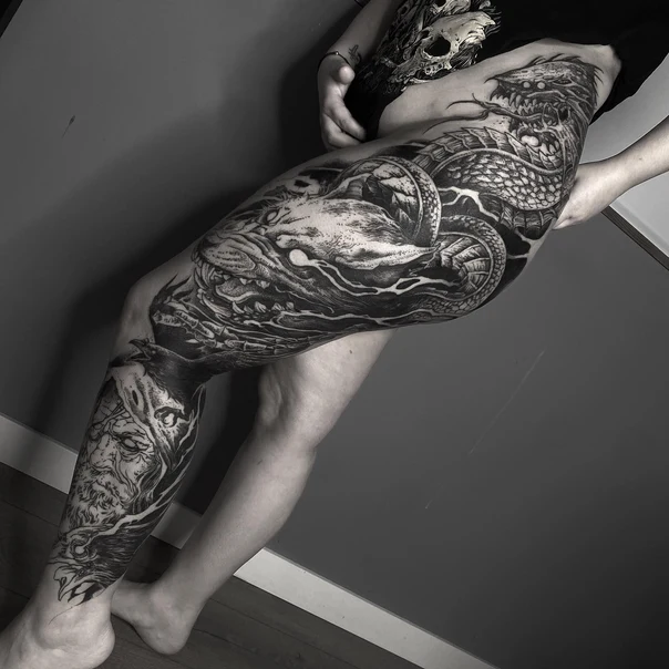 Blackwork Dragon, Lion tattoo on Full leg