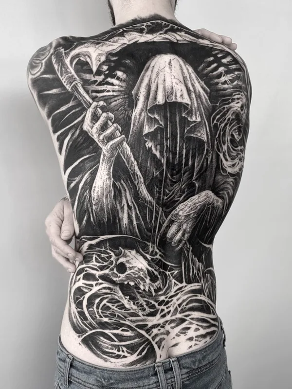 male black and grey blackwork tattoo on full back #65855 | Tattoo Artist Rene Hilken