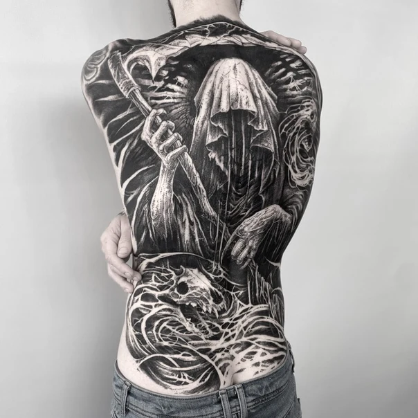 Blackwork Grim reaper, Skull tattoo on Full Back