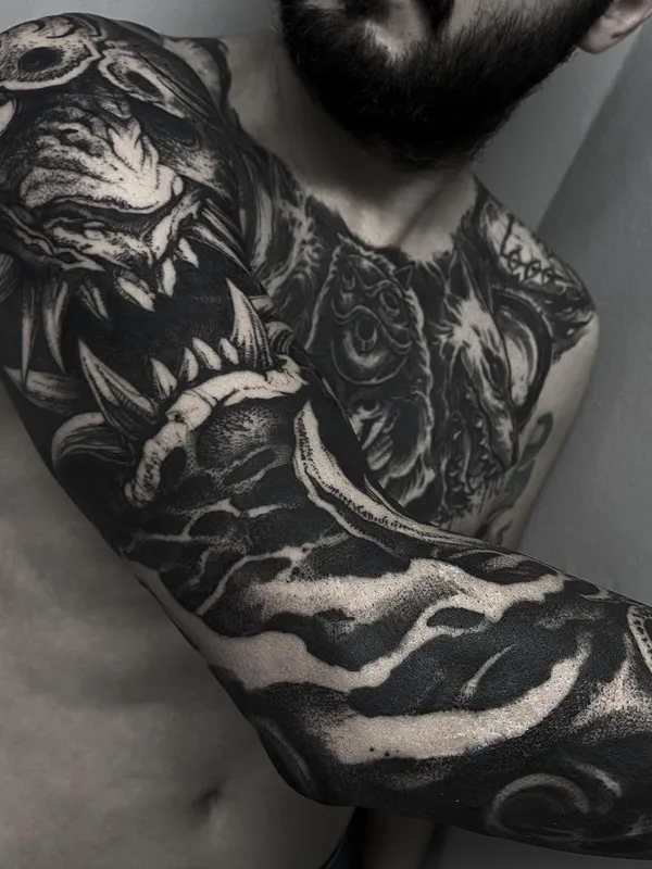 male black blackwork tattoo on full sleeve #65861 | Tattoo Artist Rene Hilken