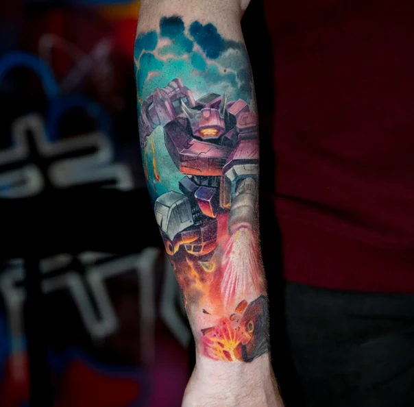 Illustrative Robot, Fire tattoo on Forearm