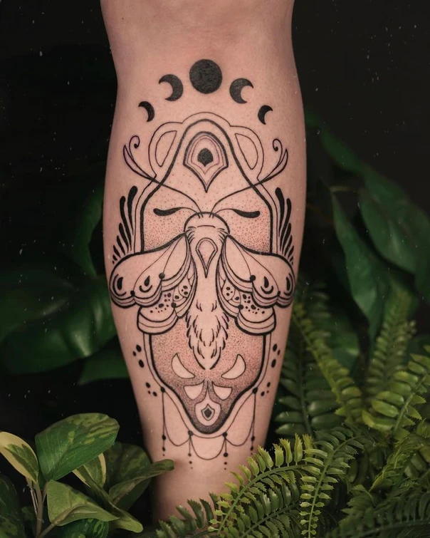 Blackwork Moth, Moon tattoo on Calf