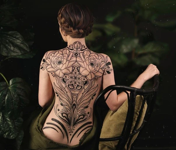 Blackwork Flowers, Mandala tattoo on Full Back
