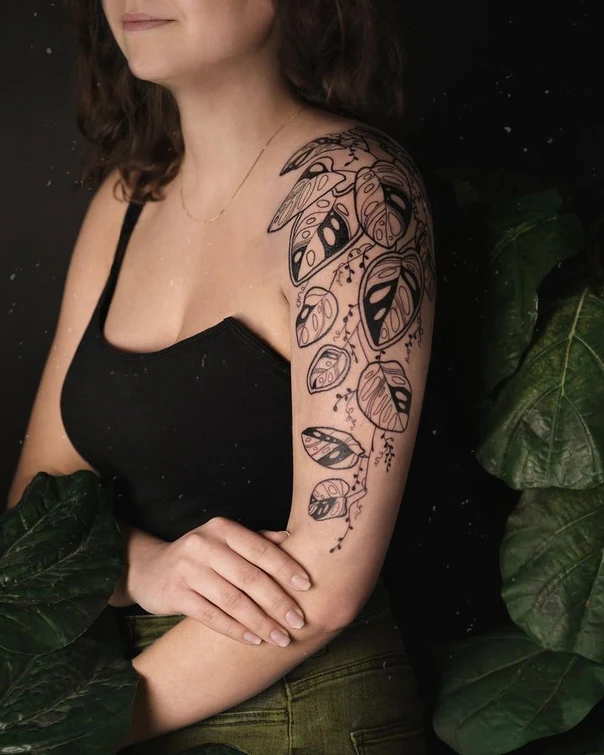 Linework Leaves, Plant tattoo on Shoulder