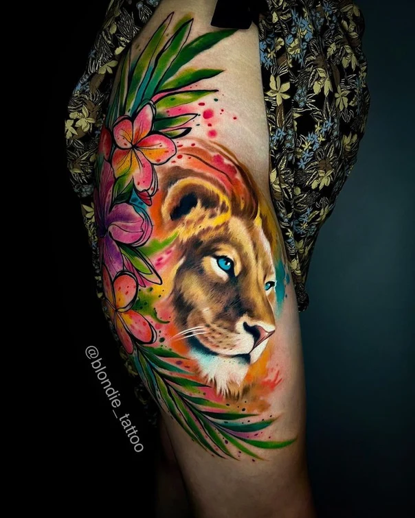 Watercolor Lion, Flowers tattoo on Thigh