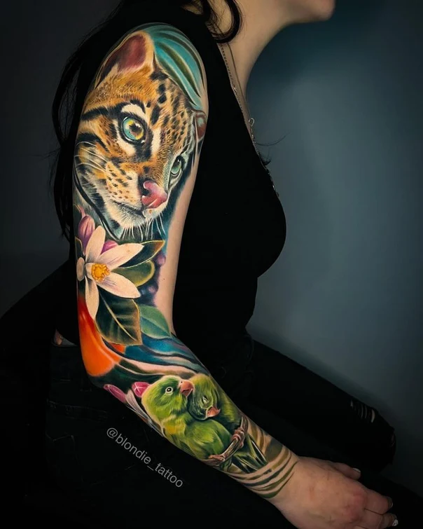 Realism Cat, Birds tattoo on Full Sleeve