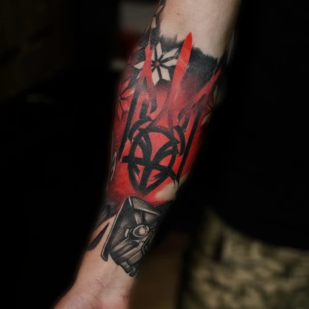 Trash Polka Anarchy symbol, Geometric tattoo on Forearm