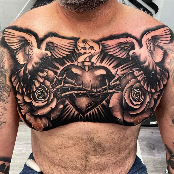 Black & Grey Dove, Heart tattoo on Chest