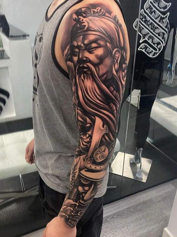 male black and grey japanese Tatuaggio su full sleeve #65993 | Tatuatore Lawrence Fong