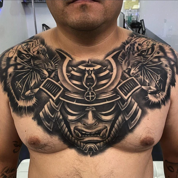 Black & Grey Samurai, Tiger tattoo on Chest