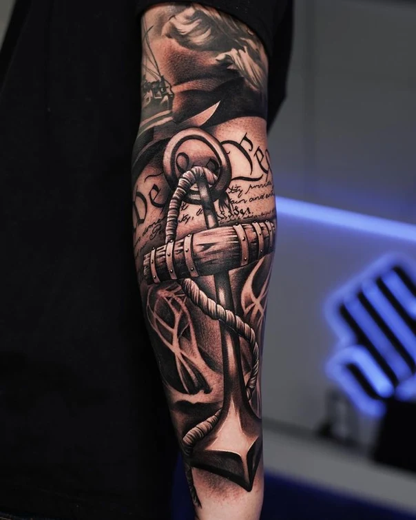 Black & Grey Anchor, Script tattoo on Forearm