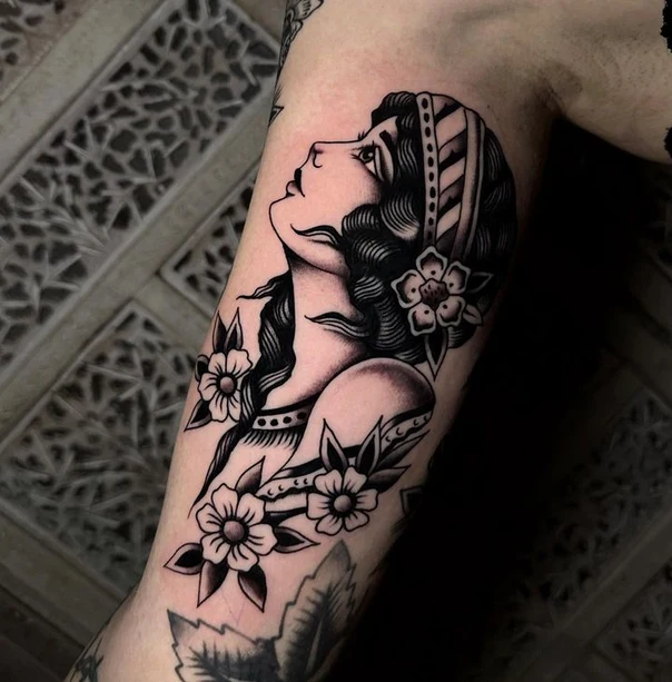 Neo Traditional Woman, Flowers tattoo on Forearm