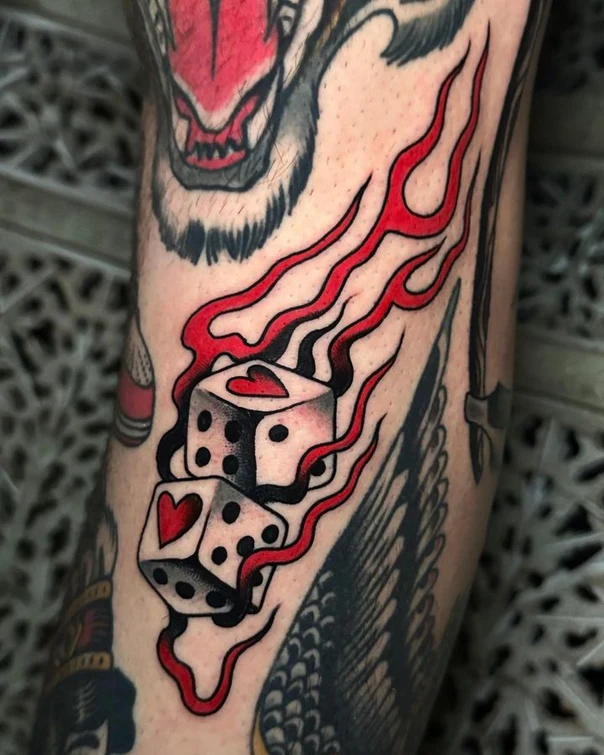 Old School Dice, Flames tattoo on Forearm