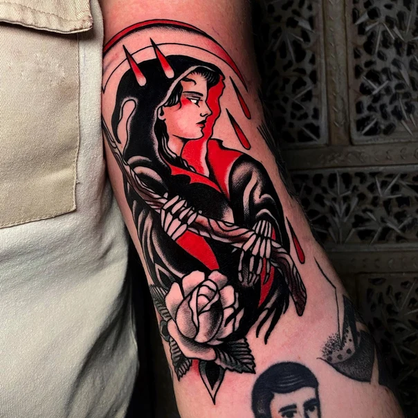 Traditional Grim reaper, Rose tattoo on Forearm