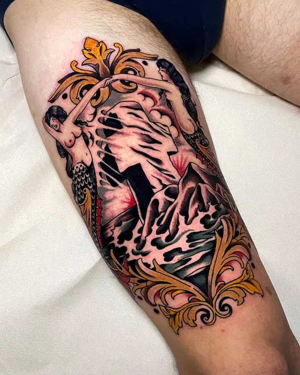 Neo Traditional Mermaid, Ornamental tattoo on Thigh