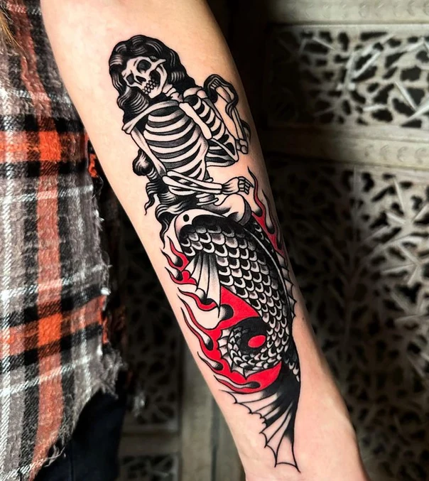 Traditional Skeleton, Fish tattoo on Forearm