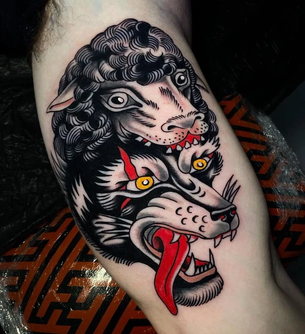 Neo Traditional Wolf, Sheep tattoo on Forearm