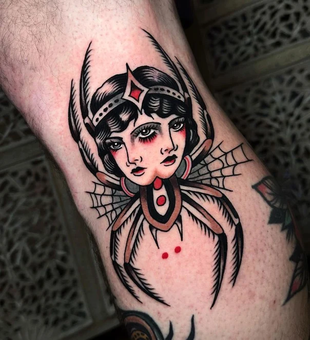 Neo Traditional Spider, Portrait tattoo on Calf