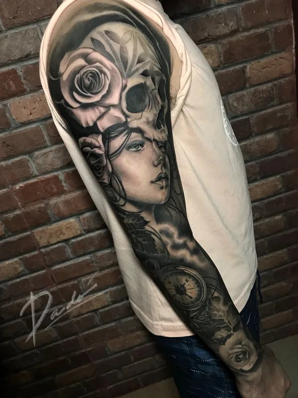 black and grey realism татуировка на full sleeve #66045 | Тату мастер Ricardo David