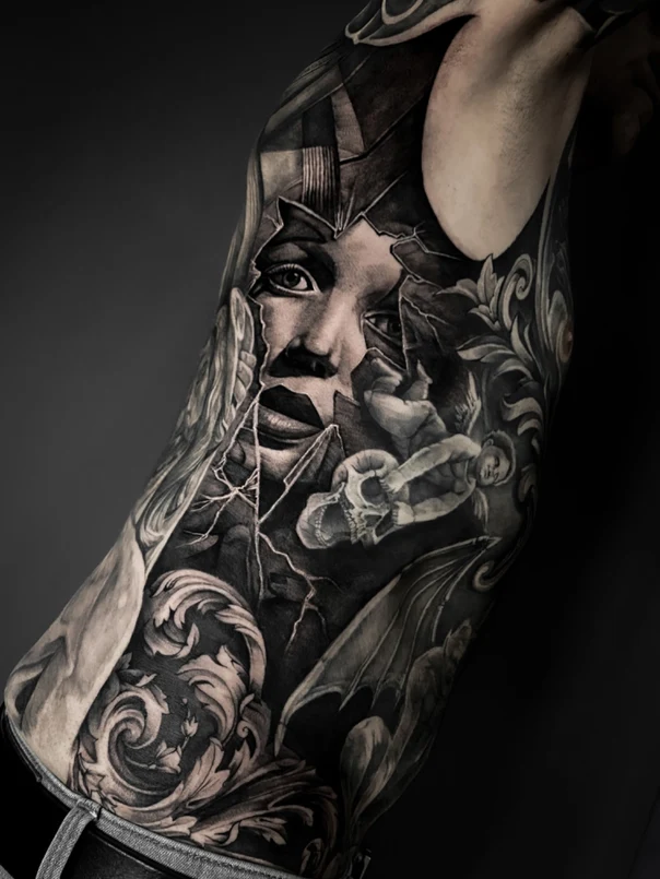Чёрно-серая Face, Skull tattoo на Полный рукав