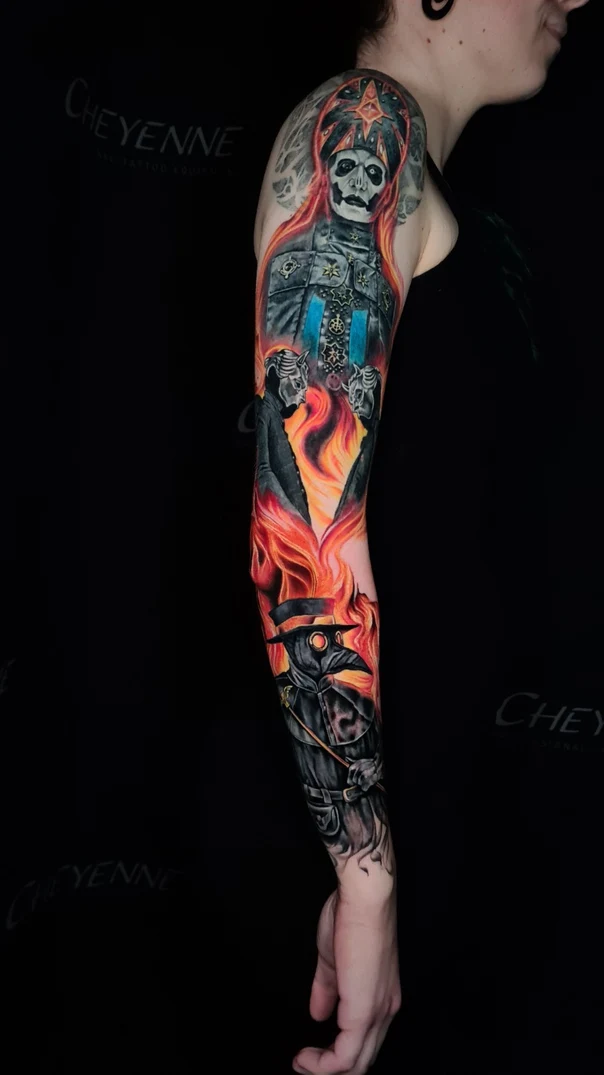 Illustrative Religious, Horror tattoo on Full Sleeve