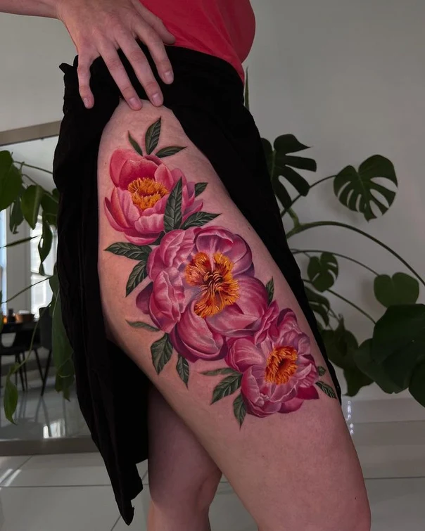 Realism Flower, Peony tattoo on Thigh