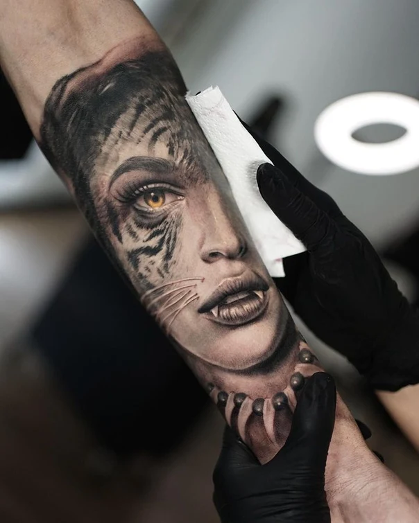 Realism Tiger, Face tattoo on Forearm