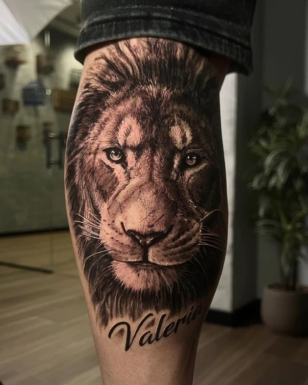 Realism Lion, Lettering tattoo on Calf