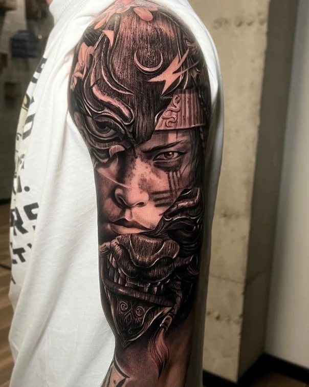 Realism Mask, Portrait tattoo on Full Sleeve