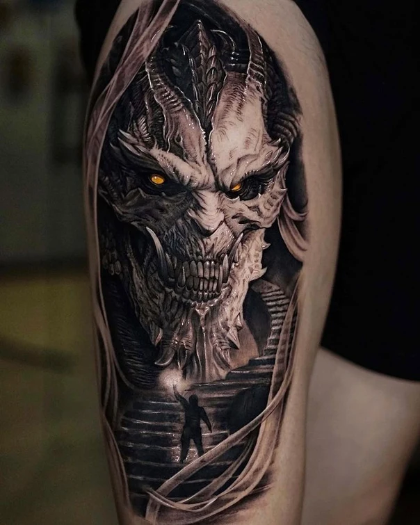 Realism Demon, Stairs tattoo on Thigh